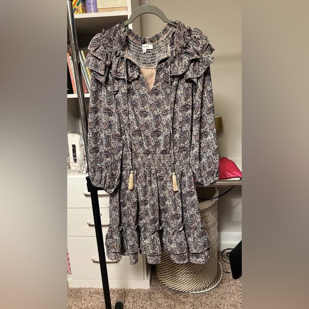 Brown and Blue Ruched Long Sleeve Sundress with Sailor Collar
